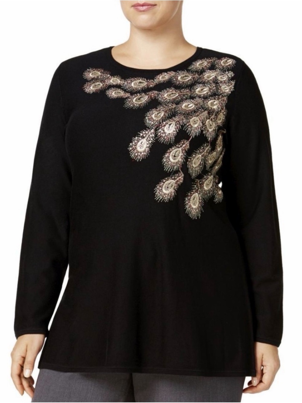 Alfani 1XL Black Embellished Peacock Tunic Sweater NWOT Plus Size